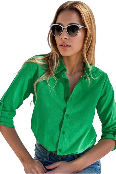 Cassime Cămașă lungă de in verde iarbă - cu mâneci pliate și guler cu nasturi