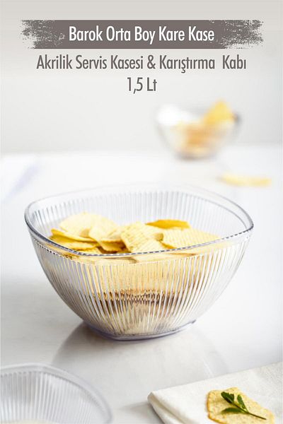 AC BOX Acrylic Baroque Transparent Medium Size Square Fruit & Salad Bowl & Mixing Bowl / 1.5 Lt (Not Glass)