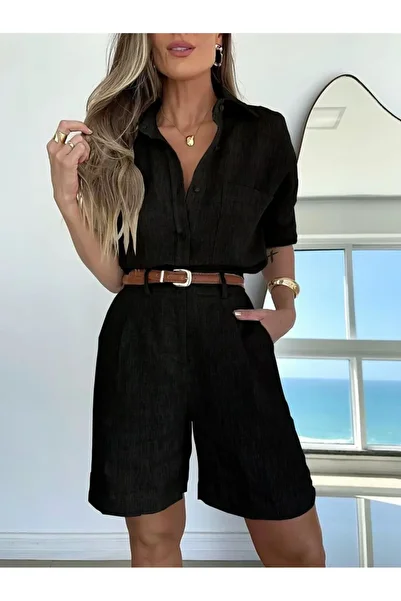 Toridas Linen Summer Long Sleeve Shirt Shorts Double Black Set