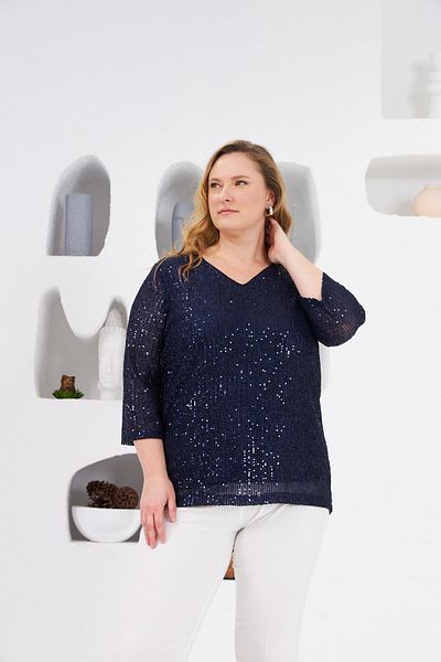 RMG Large Size Lined Sequined Blouse Navy Blue