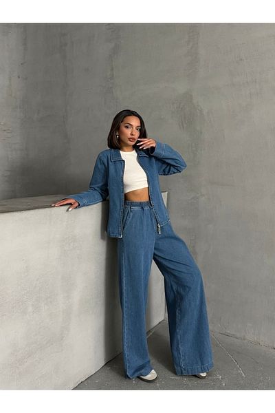 Miss Prova Pantaloni albaștri din denim cu talie normală cu talie elastică MISSPA939