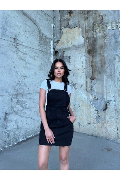 SHEVEGA Women's Black Cutted Kangaroo Pocket Skirt Gardener Jeans Jumpsuit