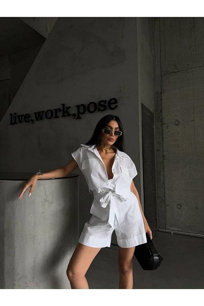 modaserdem Linen Tie-Up Sleeveless Shirt - Double Leg Shorts Set - White