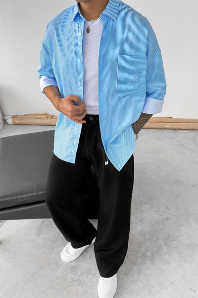 HAFKAGİYİM Ανοιχτό μπλε ριγέ ανάγλυφο πουκάμισο oversize