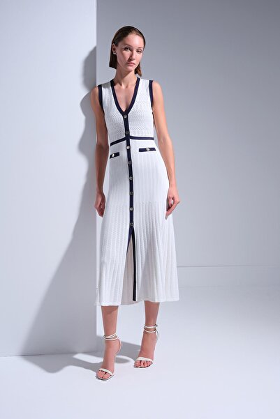 JOIN US Lacivert Şerit Detaylı Beyaz Midi Elbise