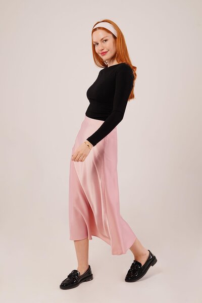 MRA Fashion Bell Cut Midi Pink Satin Skirt