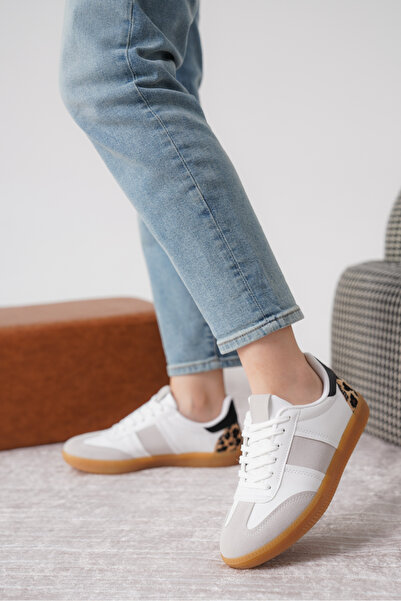 BAKGİY Біло-сіро-леопардові замшеві жіночі кросівки на шнурівці з неслизькою підошвою BG1095-101-0004