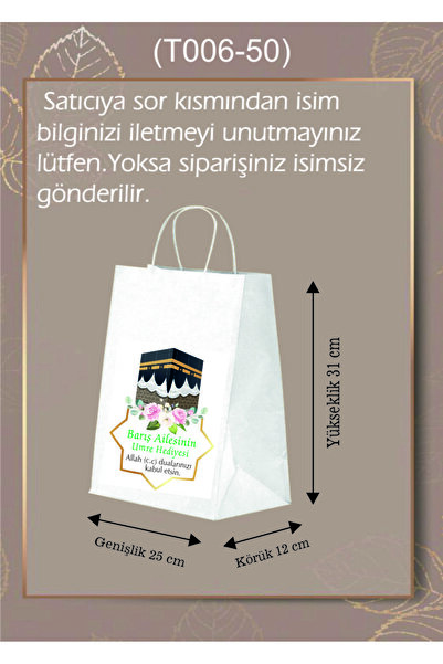 AMBALAJDÜNYAM 50 Adet Kişiye Özel İsim Baskılı Umre / Hac Temalı hediye Çatası / Poşeti Orta boy (25*12*31)