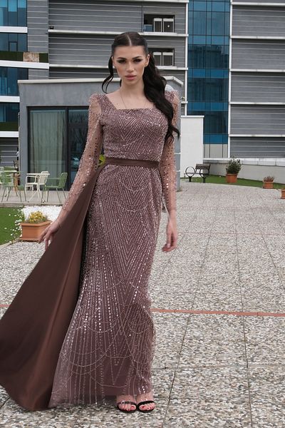 Feminist Bead Embroidered Tulle Sleeve Detailed Long Evening Dress Copper 9705463