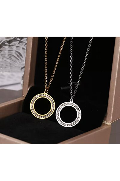 monalisatoka Kadın Zirkon Taşlı Hollow Yuvarlak Gold Gümüş Kolye 2’Li