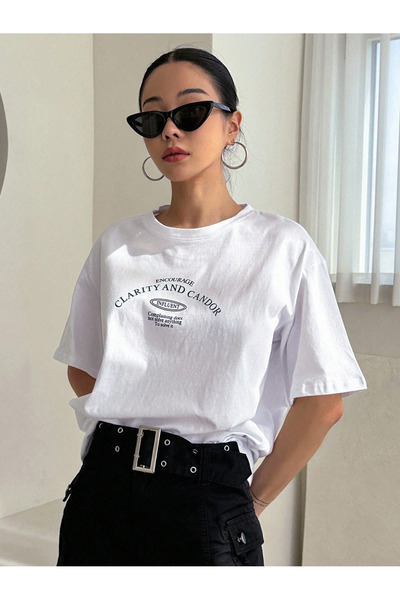 LAMASTRE Women's White Clairty and Candor Printed Tshirt - Crew Neck
