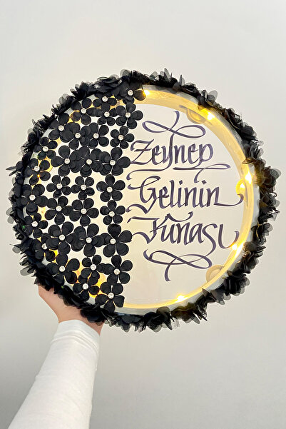 ZEYMERADE Siyah Ledli Şeffaf Gelin Tefi 32cm 3d Çiçek Parlak Taş İncili Düğün...