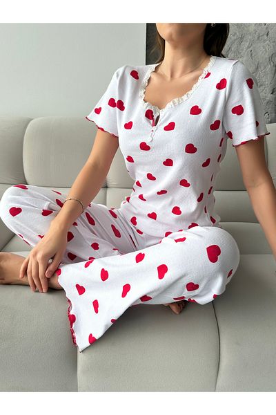 pijamania Patterned Corded Cotton Lace Detailed Short Sleeve Pajama Set