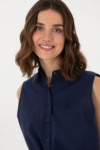 U.S. Polo Assn. Cămașă cu mânecă scurtă pentru femei, albastru bleumarin, amestec de in 50298111-VR033