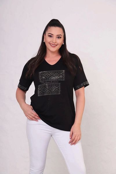 Bİ.GİYSEN Women's Black Large Size Front and Sleeve Tip Ethnic Pattern Crystal Stone Embroidered Short Sleeve Blouse