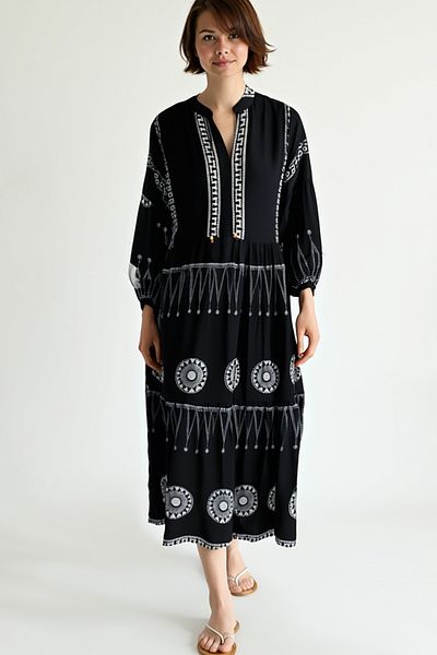 AYASOFYA OTANTIK Women's Black Ethnic Patterned Balloon Sleeve Loose Long Dress with Judge Collar