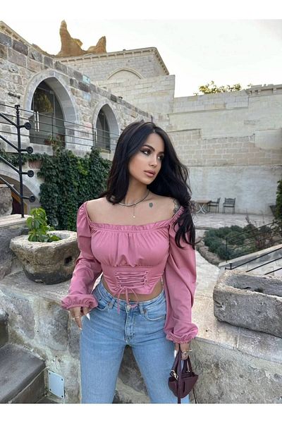 ubmbutik Γυναικεία μπλούζα - Μπαλόνι μανίκι δεμένο κορσέ Μαντούνα γιακά Diver υφασμάτινη μπλούζα
