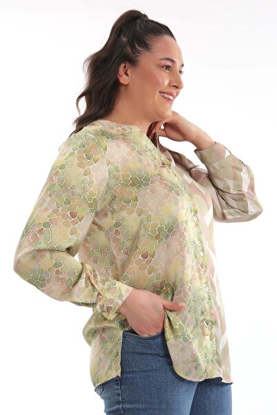 Metpoint Trend42plus Büyük Beden C Yaka Mozaik Desen Baskılı Yeşil Gömlek
