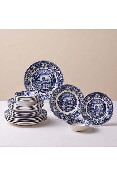 Karaca Karaca Old Town 24-Piece Stoneware Dinner Set for 6 People, Blue