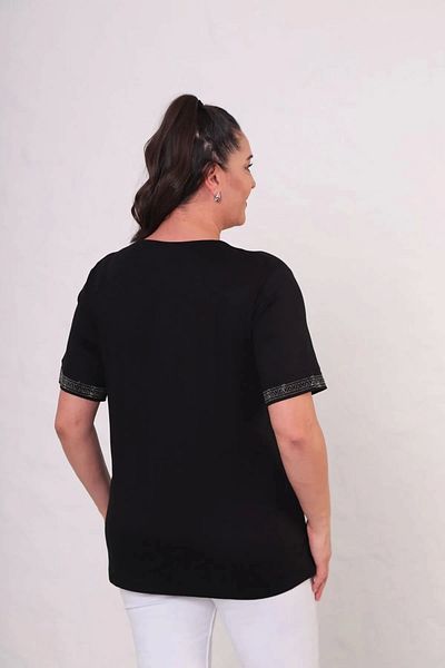 Bİ.GİYSEN Women's Black Large Size Front and Sleeve Tip Ethnic Pattern Crystal Stone Embroidered Short Sleeve Blouse
