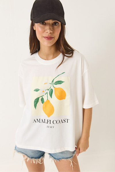 Bianco Lucci Γυναικείο μπλουζάκι με στάμπα λεμόνι, λευκό βαμβακερό χτενισμένο υπερμεγέθη 251047 60283126