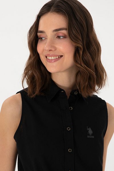 U.S. Polo Assn. Women's Black Linen Blend Short Sleeve Shirt 50298111-Vr046