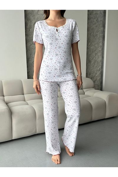 pijamania Patterned Corded Cotton Lace Detailed Short Sleeve Pajama Set