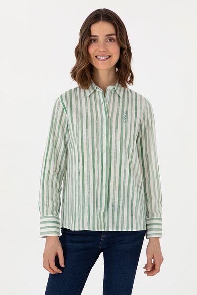 U.S. Polo Assn. Cămașă verde cu mânecă lungă în dungi pentru femei 50299509-VR054