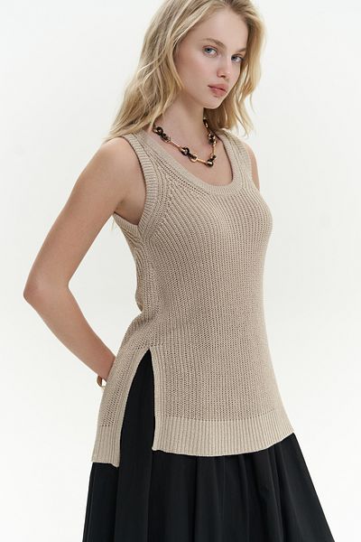 MAİ COLLECTİON Canti Knitwear Slit Detail Sleeveless Beige Sweater