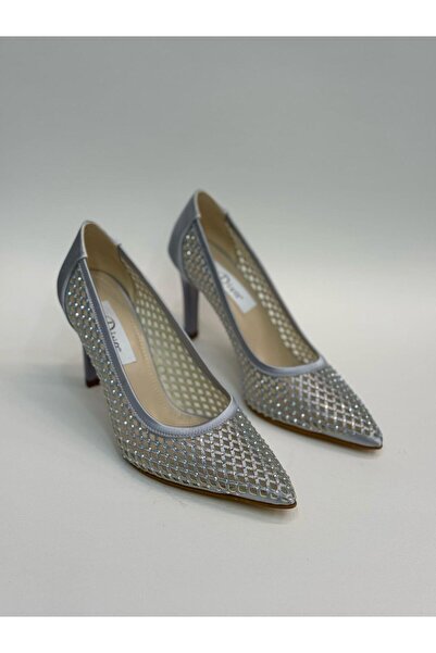 DİVA Παπούτσια με τακούνι από ασημί σατέν πέτρα