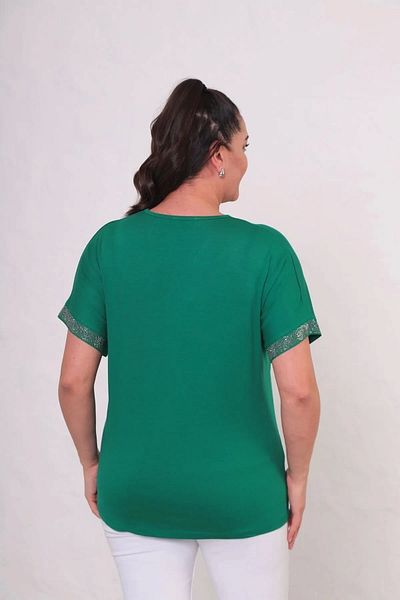 Bİ.GİYSEN Women's Green Large Size Front and Sleeve Crystal Stone Printed Lycra Short Sleeve Blouse