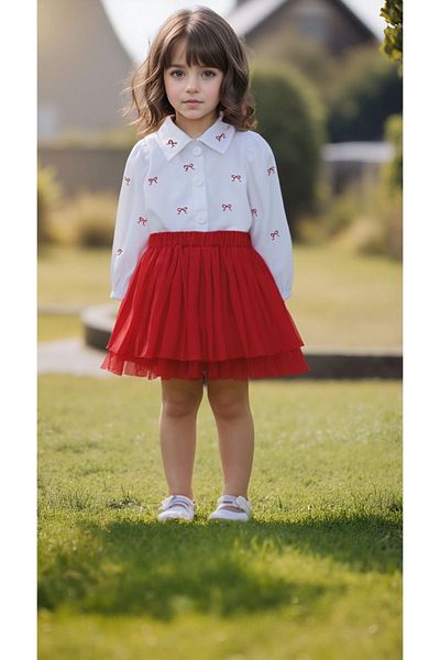 Yalçınoğlu Kids Chic Girl Set - Long Sleeve Shirt with Red Skirt and Bowknot Conures