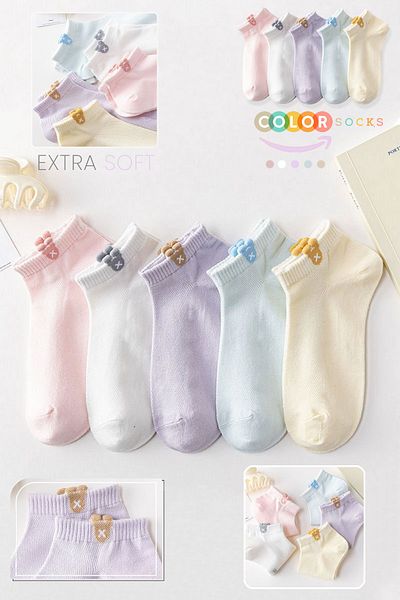 Color Socks 5 Pack Japanese Korean Style Women's Short Booties Summer Socks