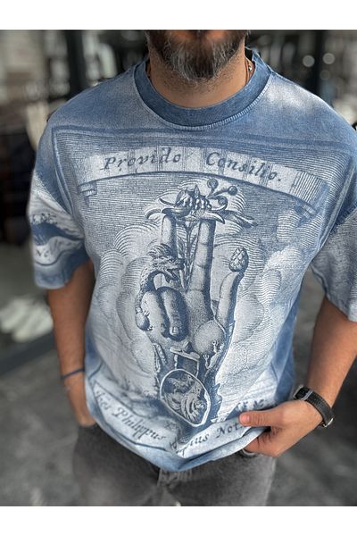 BYBASICMAN Blue Washed Digital Printed Oversize T-Shirt Yp-5059