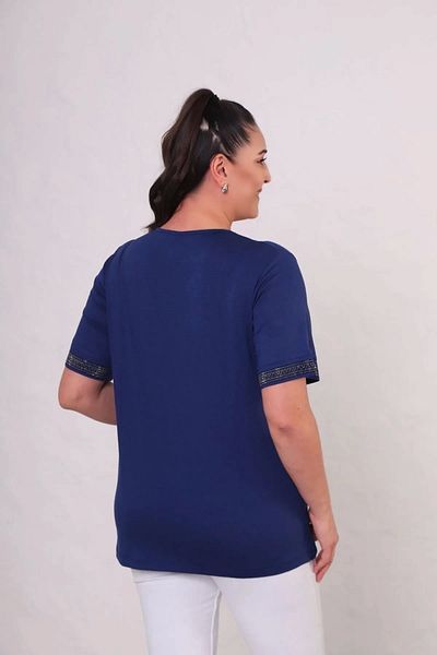 Bİ.GİYSEN Women's Navy Blue Large Size Front and Sleeve Tip Ethnic Pattern Crystal Stone Embroidered Short Sleeve Blouse