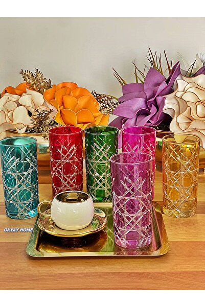 P&ORA PREMIUM KITCHEN PRODUCTS 6'lı Özel Kesme 6 Renk Kahve Yanı Su Bardağı ,...