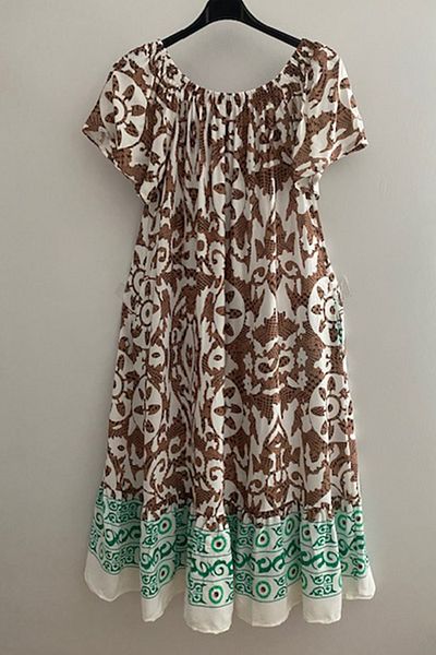 AYASOFYA OTANTIK Rochie de damă, maro, alb, verde, cu decolteu Madonna, cu buzunare laterale, cu mânecă scurtă