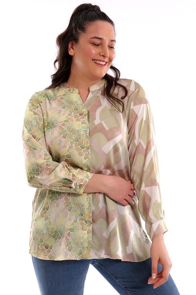 Metpoint Trend42Plus Large Size C-Neck Mosaic Pattern Printed Green Shirt