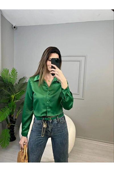 solena sln Kadın Yeşil Crop Saten Gömlek