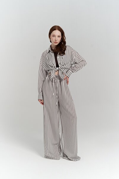 MAI STUDIOS CO. Beatrix Brown Striped Ecru Shirt Pants Set