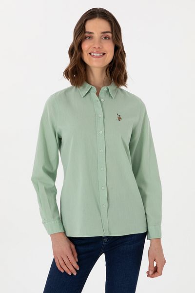 U.S. Polo Assn. Cămașă de bază cu mânecă lungă pentru femei, verde apă, amestecată de in 50298098-VR048