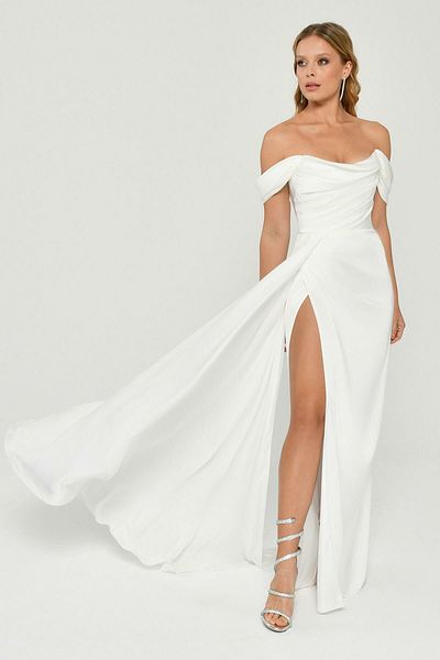 ALFABETA Off Shoulder Side Slit Satin Long Evening Dress