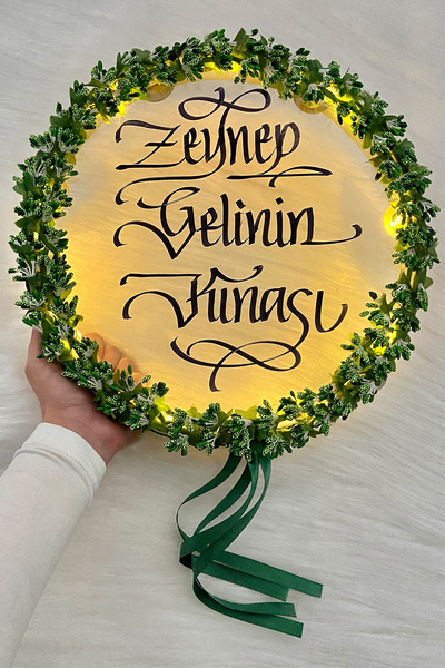 ZEYMERADE Yeşil Ledli Şeffaf Gelin Tefi 32cm Cipsolu Saten Kurdele Düğün Kına...