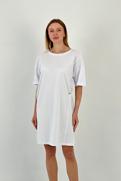 Miss Poem Γυναικείο κοντομάνικο βασικό καλοκαιρινό φαρδύ μίνι λευκό φόρεμα