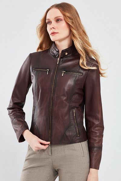 Derimod Alicia Claret Red Short Leather Women's Jacket - 23wge5908nc