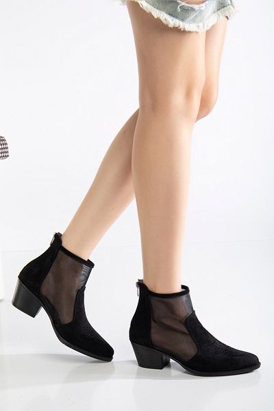 DENORA Black Matte Suede Transparent Perforated Ankle Summer Cowboy Boots