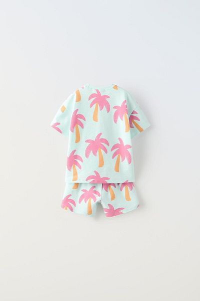 Lolliboomkids Girl's Palm Tree Patterned Mint Green T-Shirt Shorts Bottom Top Set 2 Pieces