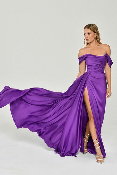 ALFABETA Off Shoulder Side Slit Satin Long Evening Dress Alphabet