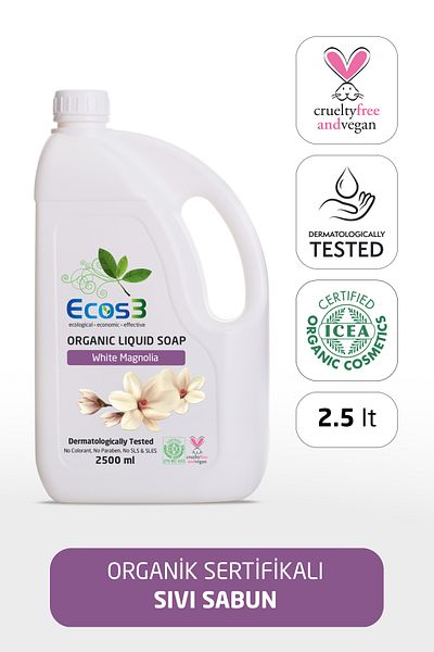 Ecos3 2500 ml Ecological Organic Liquid Soap - Vegan, Sensitive Skin, Hypoallergenic, White Magnolia