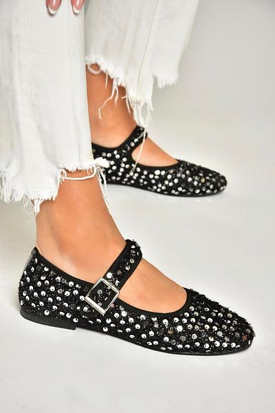 Fox Shoes U 725675504   Balerini de damă cu paiete din țesătură neagră/argintie